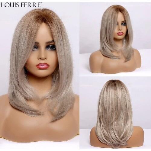 LOUIS FERRE Middle Part Synthetic Wigs for Black Women Afro Ombre Golden Gray Ash Medium Natural Wavy Cosplay Layered Wigs