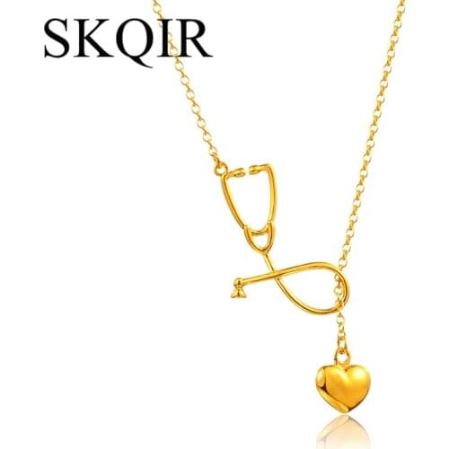 SKQIR Gold Medical Stethoscope Lariat Heart Pendant Necklace For Nurse Doctor Women Heart I Love You Necklaces Steel Jewelry