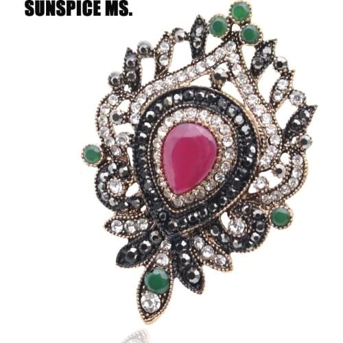 SUNSPICE MS Women Resin Flower Brooch Pin Turkish Drop water Broches Antique Gold Color Vintage Jewelry Lapel Hijab Corsage Gift