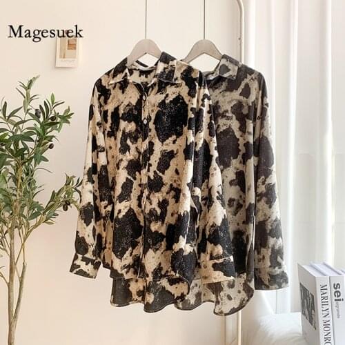 Spring New Animal Leopard Chiffon Shirts Korean Loose Lapel Blouse Plus Size 2021 Women Sexy All-match Long Sleeve Tops 13059