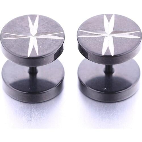 YongChang Man woman fashion earrings black ear stud fake ear tunnel plug stainless steel 1 pair