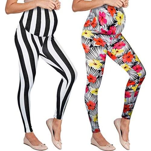 Womens Maternity Leggings Seamless Stripe Floral Stretch Pregnancy Trousers Belly Slim Was Thin Pencil Feet Pregnant Pants