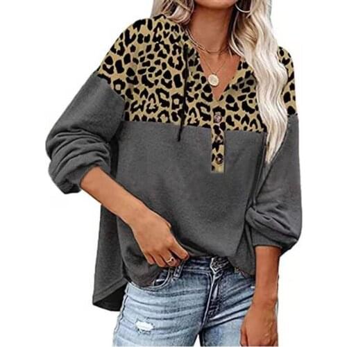 Hoodies Women Spring Autumn Leopard Print Patchwork Button V-Neck Long Sleeve Sweatshirts Women Clothing 2021 Casual Loose Tops