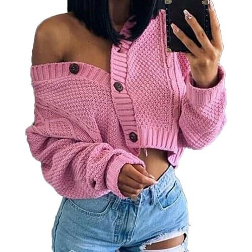 Women Autumn Twist Knitted Short Jacket Loose Cropped Sweater Buttons Cardigan