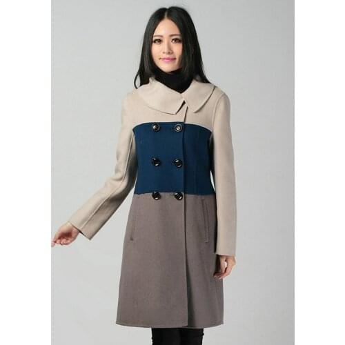 Winter Women Wool Cashmere Coats Double Breasted Woolen Tweed Overcoat Beige Gray Blue Colour Block Design Oufits Mandeau Femme