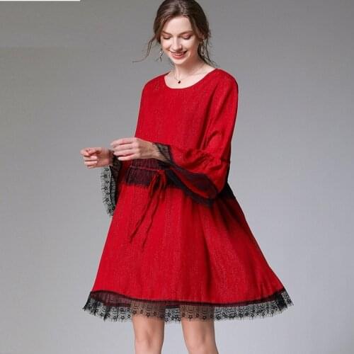 Autumn Ladies Plus Size lace patchwork Flashing chiffon Dress Elegant loose party Dress Bow midi dress longos vestido XXXXL 4XL