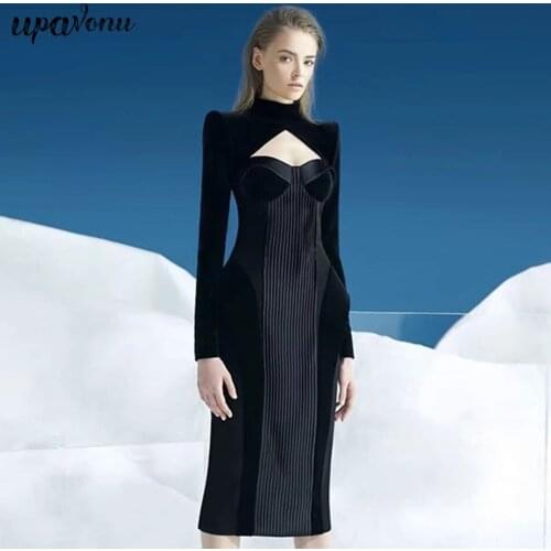 Free Shipping 2020 Winter New Velvet Dress Midi Womens Elegant Party Dress High Neck Long Sleeve Hollow Bodycon Runway Vestidos