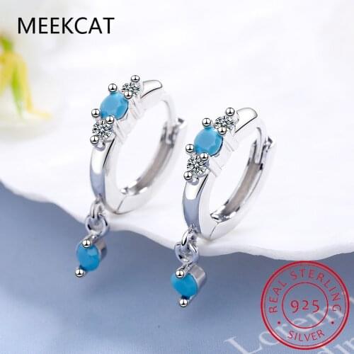 925 sterling silver new womens fine jewelry high quality ear buckle blue crystal zircon simple retro drop earrings
