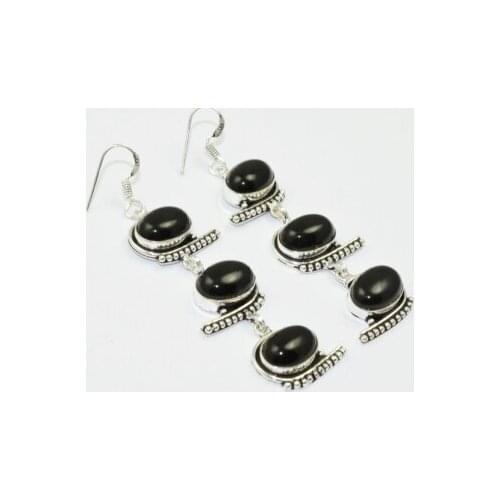 Black Onyx , 79 mm, Silver Overlay on Copper Earrings, E1566