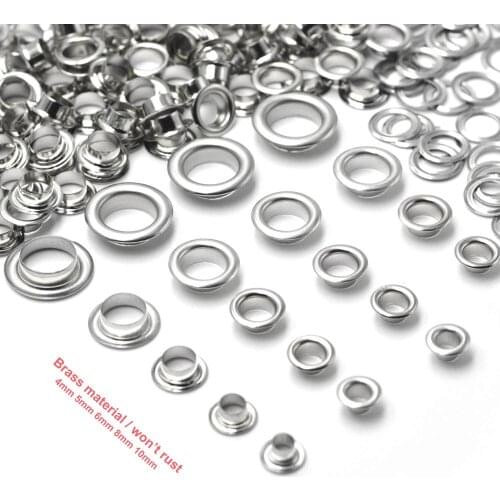 KALASO 100sets Pure Brass Material Silver 4mm/5mm/6mm/7mm/8mm/10mm Grommet Eyelet With Washer Fit Leather Craft Shoes Belt Cap
