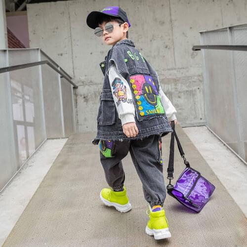 Cowboy Childrens Clothes Boys Jeans Suits Color Print Cartoon Denim Vest Coats and Pants Big Patch Pocket 3 to 13 Yrs Boys Sets