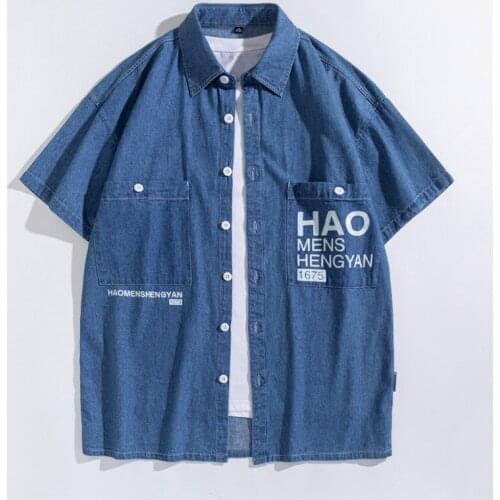 2021 Summer Print Short-Sleeved Denim Shirt Loose Fashion Trend Casual Youth Double Pocket Shirt Male High-Quality Branded Tops