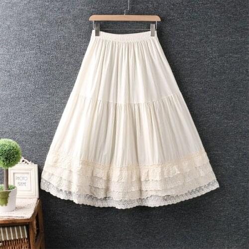 Summer new small fresh elastic waist lace stitching solid embroidery cotton skirt casual wear 3968