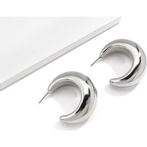 Lifefontier Smooth Silver Color Metal Big Circle Hoop Earrings for Women Girls Punk Moon Shaped Earrings Minimalist Jewelry
