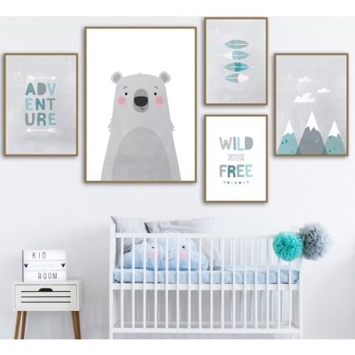 Bear Mountain Feather Arrow Adventure Quote Wall Art Canvas Painting Nordic Posters and Prints Wall Picture Baby Kids Room Decor