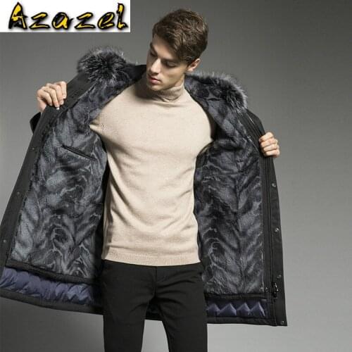 Azazel Winter Goose Down Jacket Men Real Fur Coat Natural Rabbit Fur Liner Fox Fur Collar Long Warm Coats Parkas 2020 18P9134-2