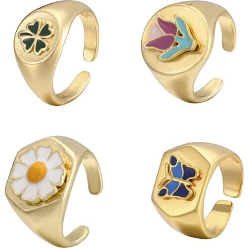 Woman Fancy Ring Set Dripping Oil Daisy Butterfly Ring for Women Mini Cute Rings Adjustable Open Cuff Party Wedding Jewelry