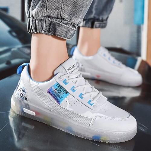 New Mens Shoes Summer Breathable Net Red Transparent Bottom Casual White Shoes Male Students High Street Sports Shoes Men