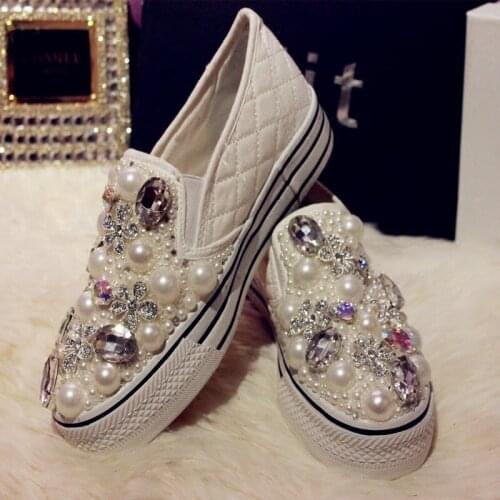Original small white shoes womens full pearl one-step lazy rhinestone shallow mouth canvas single shoes casual flat bottom shoe