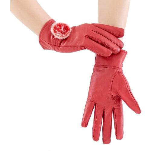 Real Sheepskin Leather Gloves Women Winter Warm Genuine Leather Warm Glove With Rex Eabbit Fur Rose Female