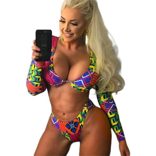 Sexy Summer Womens Bikini Set Print Long Sleeve Cropped Tops and Panty Swimsuit Two-piece Suit for Swimming Beach Vacation