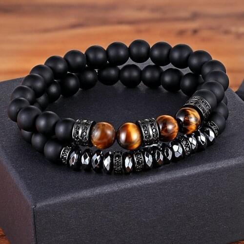 TYO 2Pcs/Set Couple Gifts Women Pulseira Masculina Men Handmade 8MM Matte Bead Bracelet Black Cubic Zirconia Fashion Jewelry