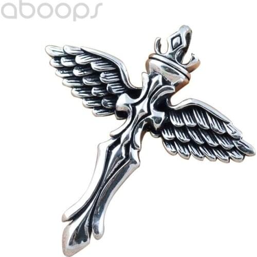 Vintage 925 Sterling Silver Cross Pendant,Angel Wings Pendant for Men,Free Shipping