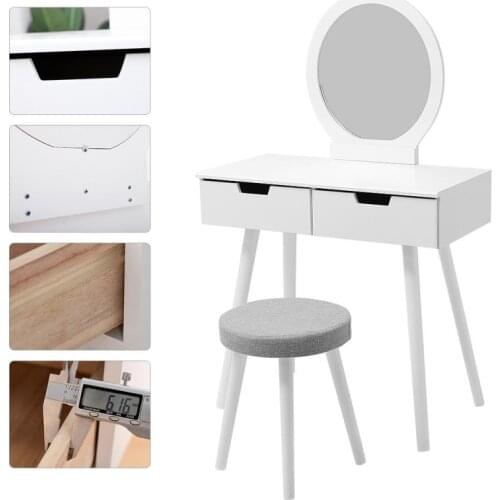 Bedroom Dressing Table With Stool Dimmable Light Mirror Nordic Modern Pine Makeup Table 2 Drawers Organizer 80x40x128cm HWC
