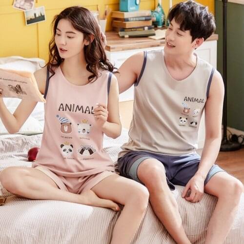 Women and men couple cartoon pajamas summer new vest cotton ladies sleeveless shorts thin pajama sets pajamas pajama set