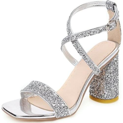 Open Toe Woman Summer Shoes Silver Gold Snake Print Buckle Strap Block High Heels Women Sandals Bling Sequin Wedding Dress Shoes