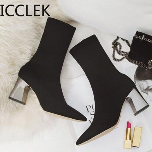 Womens Boots Pointed Toe Yarn Elastic Ankle Boots Thick Heel High Heels Shoes Woman Female Socks Boots winter
