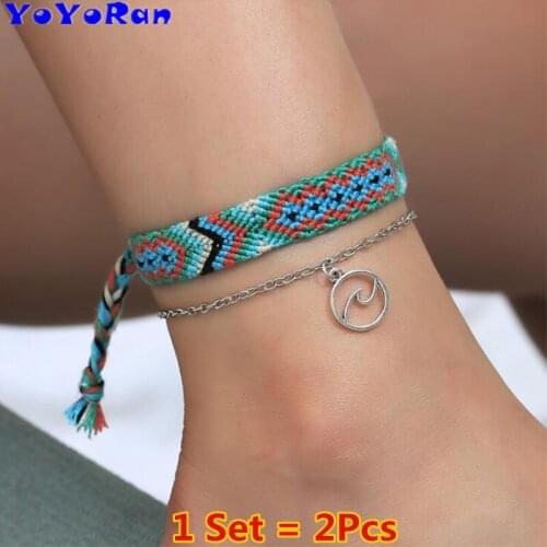 4set Ser Bohemia Beach double layer round wave ankle chain set for woman folk wind hand knitting anklets set hollow metal anklet