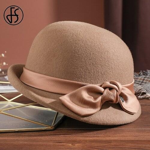 FS Women Wool Felt Beret Fascinator Dome Hat Cap Female Fedora Church Party Dress Kentucky Derby Knight Hats With Bowknot Ribbon