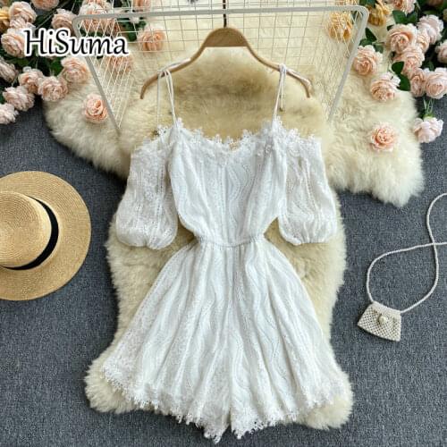 2021 summer new women V neck strap puff sleeve hollow out lace jumpsuit female sling Chic simple elegant waist bodysuits