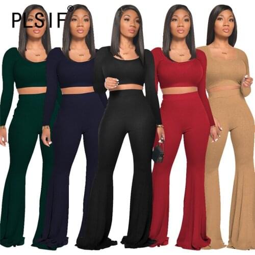 Women Solid 2 Pieces Crop Top And Long Pant Set Slim Two Pieces Clothes Set Female Tracksuits