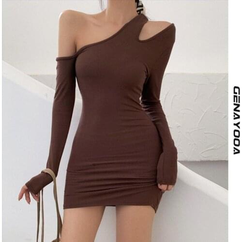 Genayooa Elastic Mini Dree Women Sexy Off Shoulder Long Sleeve 2021 Autumn Skinny Bandage Dress Fashion Y2k Ladies Vestido