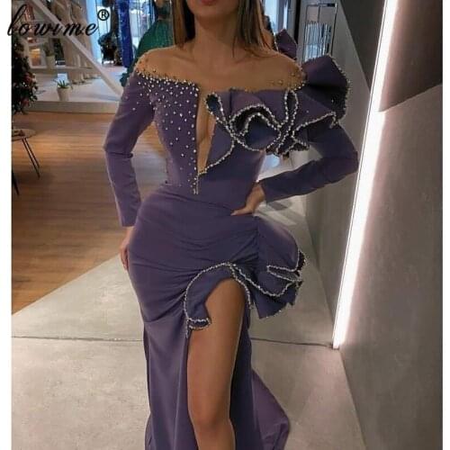 Purple Mermaid Formal Evening Dresses 2020 Long Sexy Fashion Couture Muslim Prom Dress With Side Split Beading Simple Vestidos