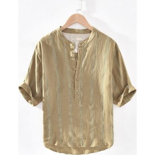 100% Linen new style stand collar striped khaki shirt men brand casual trendy shirts for men chemise camisa tops mens clothes