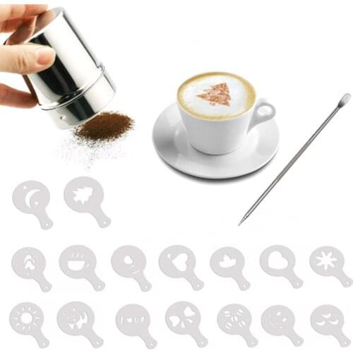 18Pcs Set Coffeeware Latte Art Decoration Tool Cafe Coffee Stencils Barista Art Needles Powder Sifter Coffee Accessories
