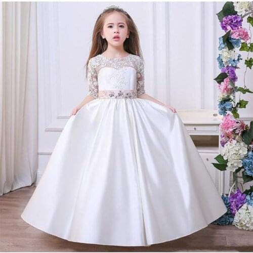 2020 Flower Girl Dresses A Line Jewel Half Sleeve Floor Length Girls Pageant Dresses With Lace Bow Sash Satin For Wedding Party