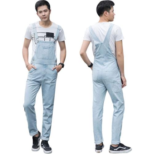2021 Summer Jeans Overalls Men Bib Denim Jumpsuits Slim Big Pocket Comfortable Coverall Pants Light Blue Trousers Size S - 5XL
