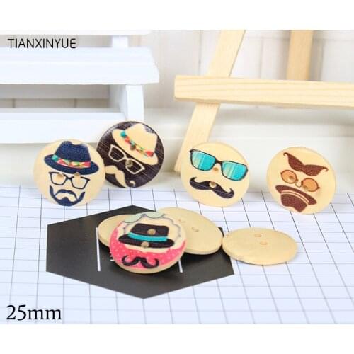 50 pcs 25mm 2-Holes Cartoon Beard Button DIY Circular Wooden Buttons Laser Marking Wood Button Clothing Accessories