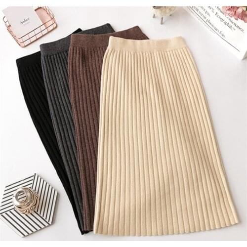 72CM Elastic Band Women Skirts Autumn Winter Warm Knitted Straight Skirt Ribbed Mid-Long Skirt Black