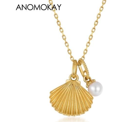 Anomokay New Classic Sea Style Gold Color Shell Pearl Pendant Necklaces for Holiday Gift 100% Sterling 925 Silver Link Necklace