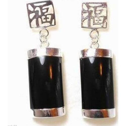 Free Shipping NEW PAIR NATURAL BLACK 925 STERLING FORTUNE LUCKY EARRINGS