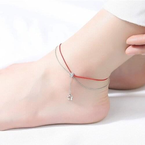 Whole 100% Real 925 Sterling Silver Exquisiteness Anklets with Zircon & Star Red Rope Surround Ankle Summer Fashion Accessories