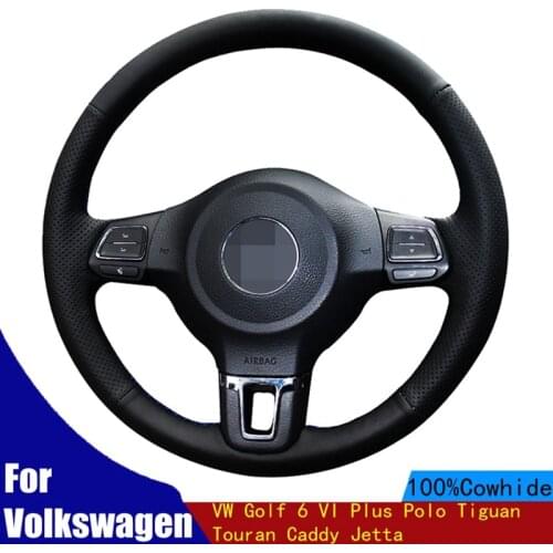 DIY Car Steering Wheel Cover Soft Black Genuine Leather For Volkswagen VW Golf 6 VI Plus Polo Tiguan Touran Caddy Jetta