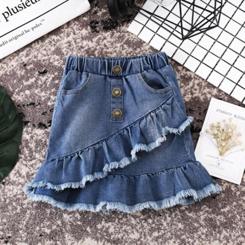 CANIS Summer Toddler Kids Girls Blue Denim Mini Skirt Ruffles Button Fashion Lovely Jean Skirt Casual