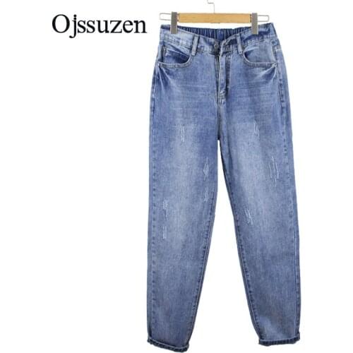 Loose Blue Jeans Women Plus Size Harajuku Elastic Waist Jeans Large Sizes Woman Pants Scratched Ladies