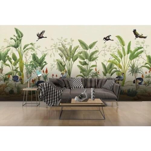 Custom hand-painted tropical plants flowers and birds living room bedroom background wallpaper mural